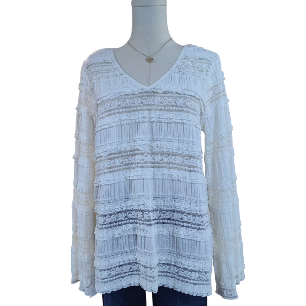 TiMo Ruffled Lace Smocked Semi-Sheer Long Sleeve Top Womens Size Medium